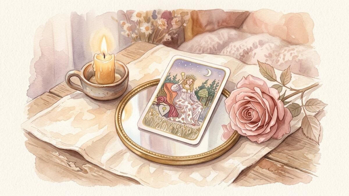 A tarot card resting on a small round mirror with a rose and a candle, gentle self care mood, soft watercolour illustration