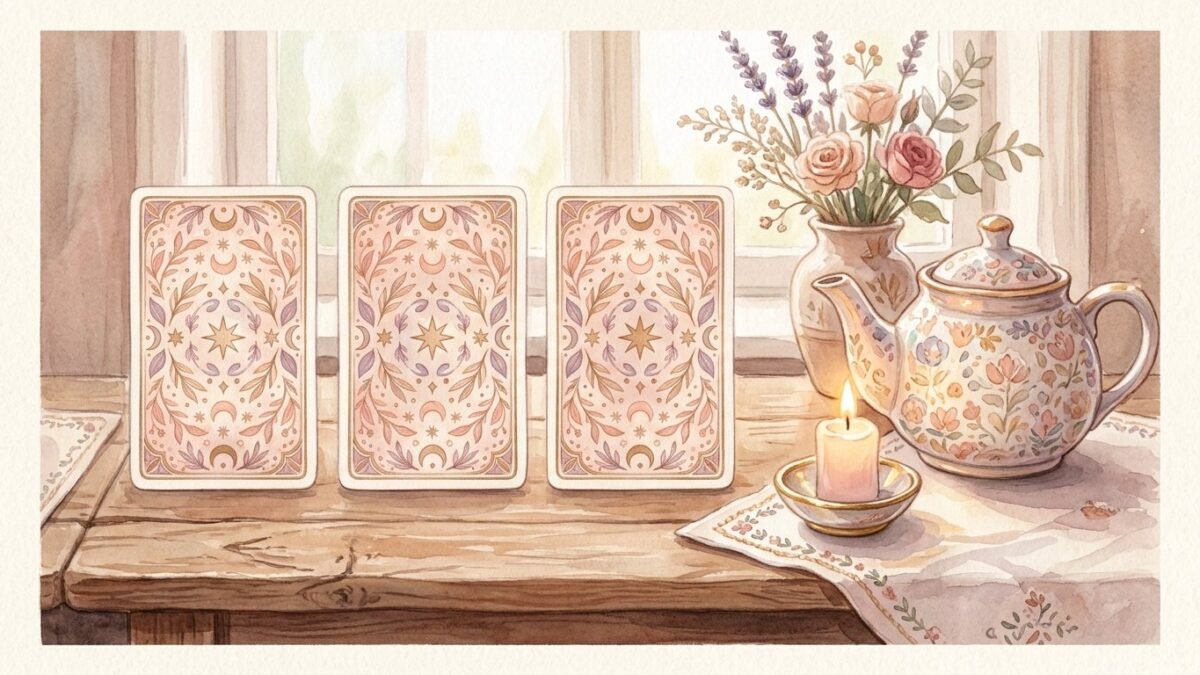 Three face down tarot cards in a row on a wooden table with a candle and a teapot, soft watercolour illustration