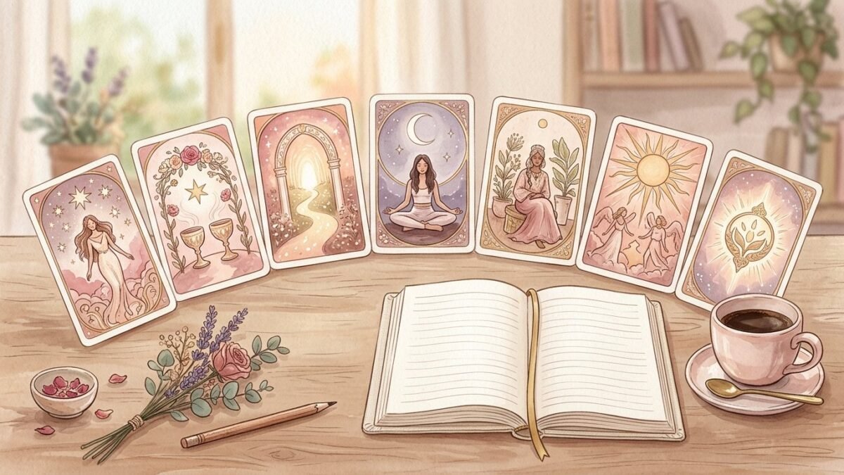 Seven tarot cards in a gentle arc on a desk beside a planner and a coffee cup, soft watercolour illustration