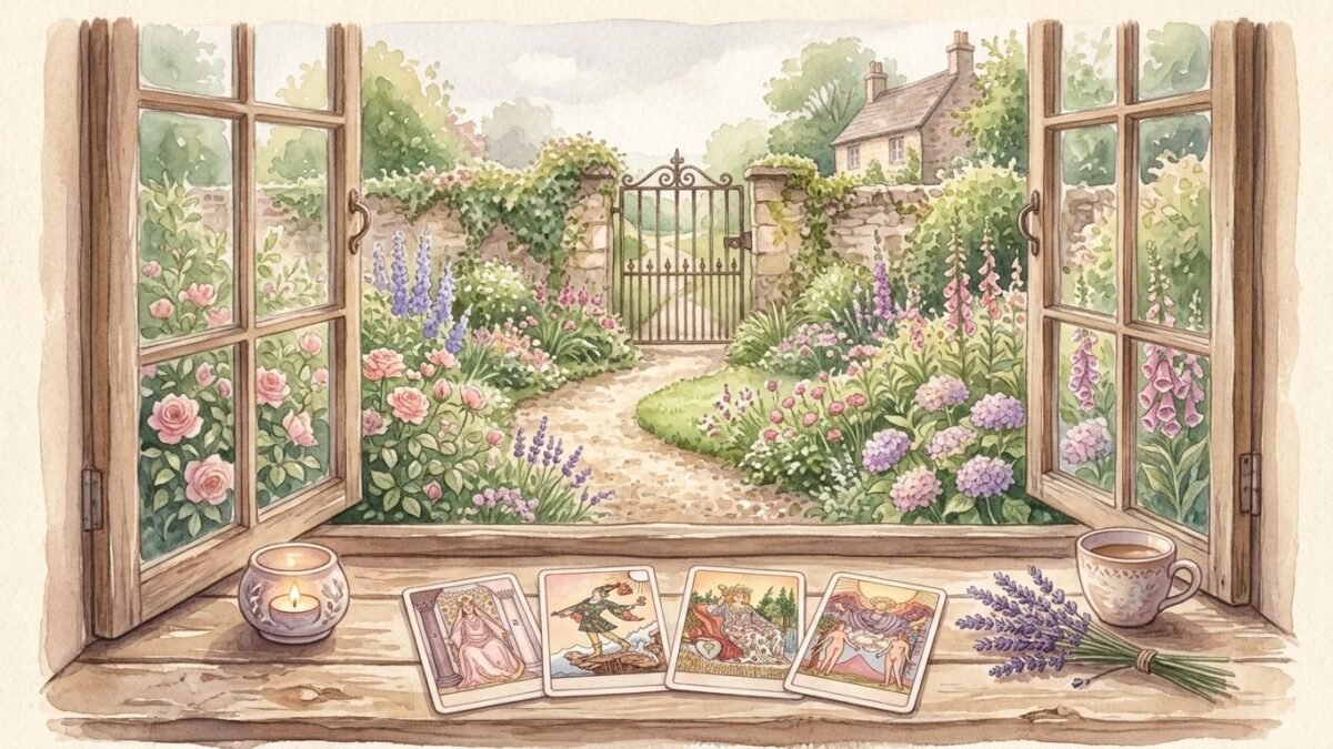 Tarot cards laid along a windowsill looking out onto a garden path leading to the front gate, soft watercolour illustration