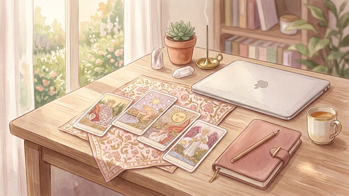 Tarot cards laid beside a closed laptop and a notebook on a tidy desk, morning light, soft watercolour illustration