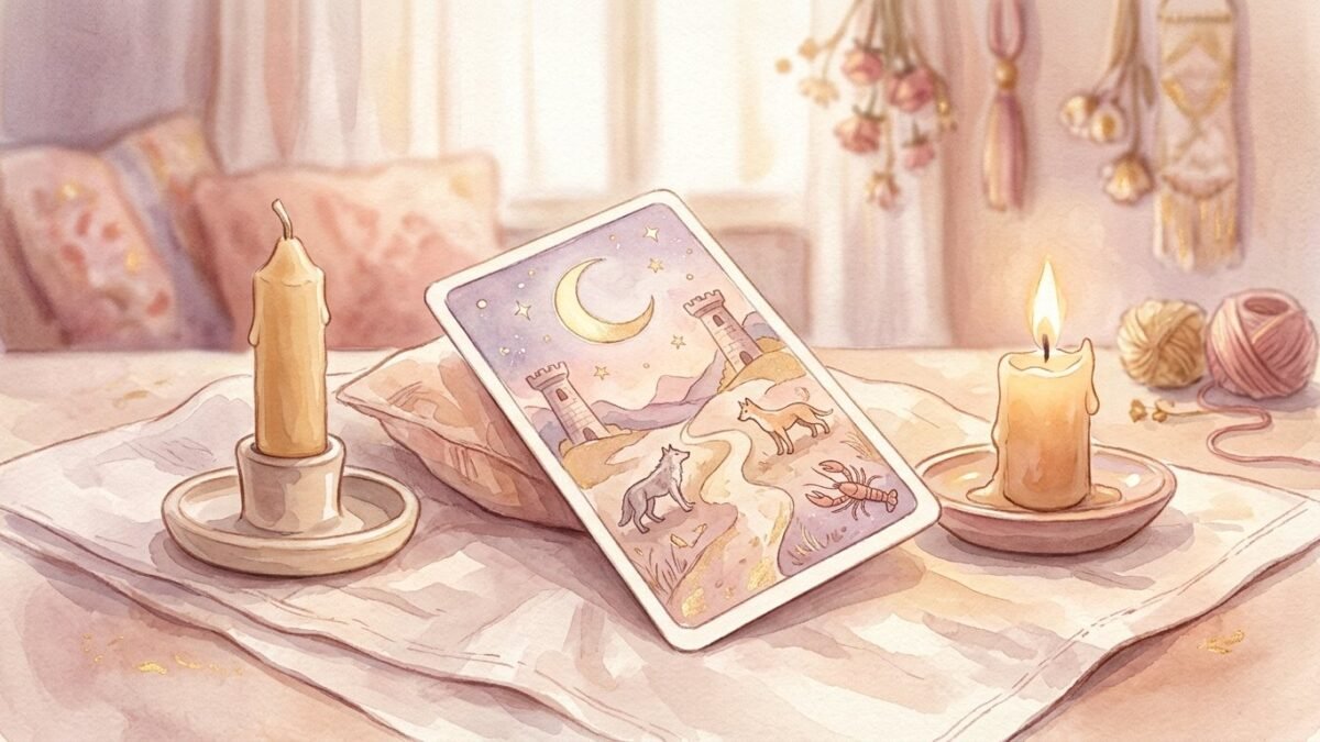 A single tarot card flipped halfway between two small candles, one lit and one unlit, soft watercolour illustration