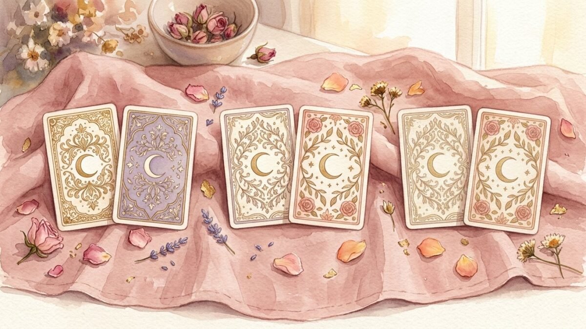 Several pairs of face down tarot cards laid side by side on a soft rose cloth with scattered petals between them, soft watercolour illustration
