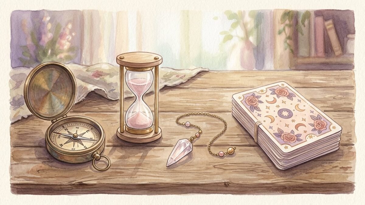 A brass compass, a small hourglass, a crystal pendulum and a deck of cards laid neatly on a wooden table, soft watercolour illustration