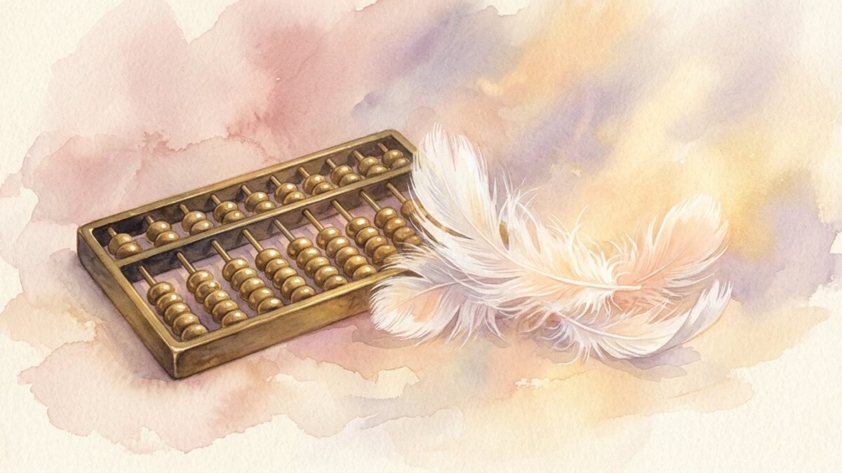 A brass abacus beside white feathers and soft golden light, soft watercolour illustration
