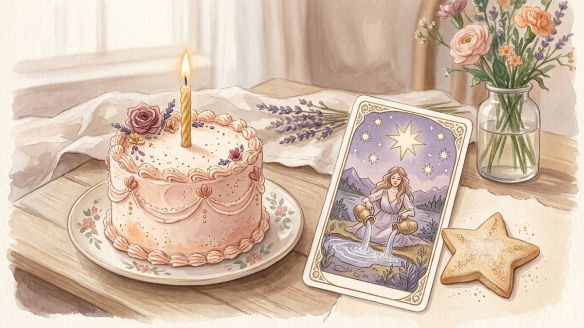 A small birthday cake beside a single tarot card and a star shaped cookie, soft watercolour illustration