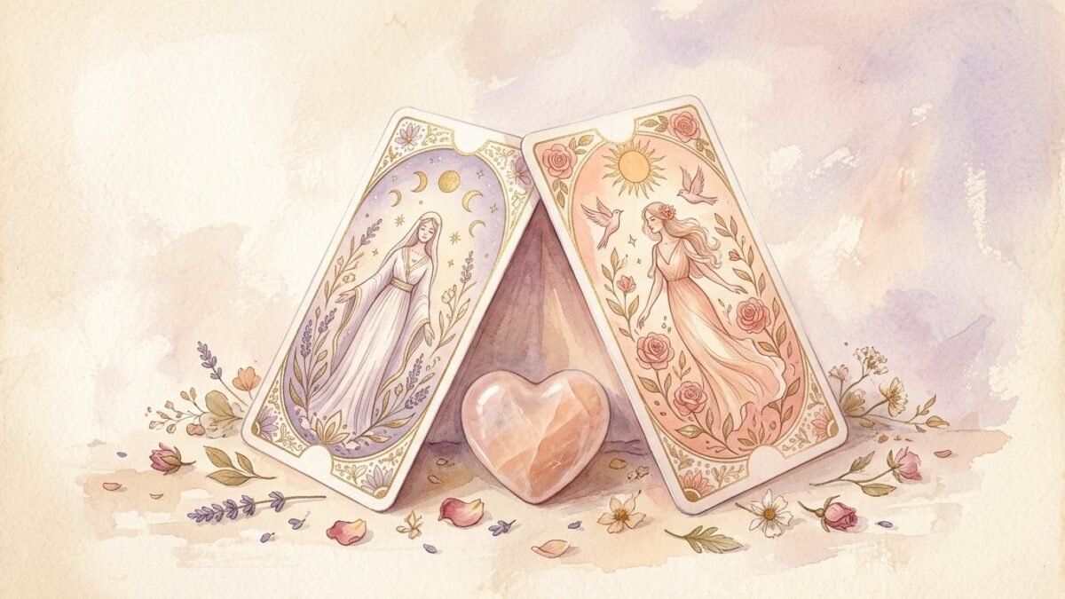 Two tarot cards leaning together like a small tent over a heart shaped stone, soft watercolour illustration