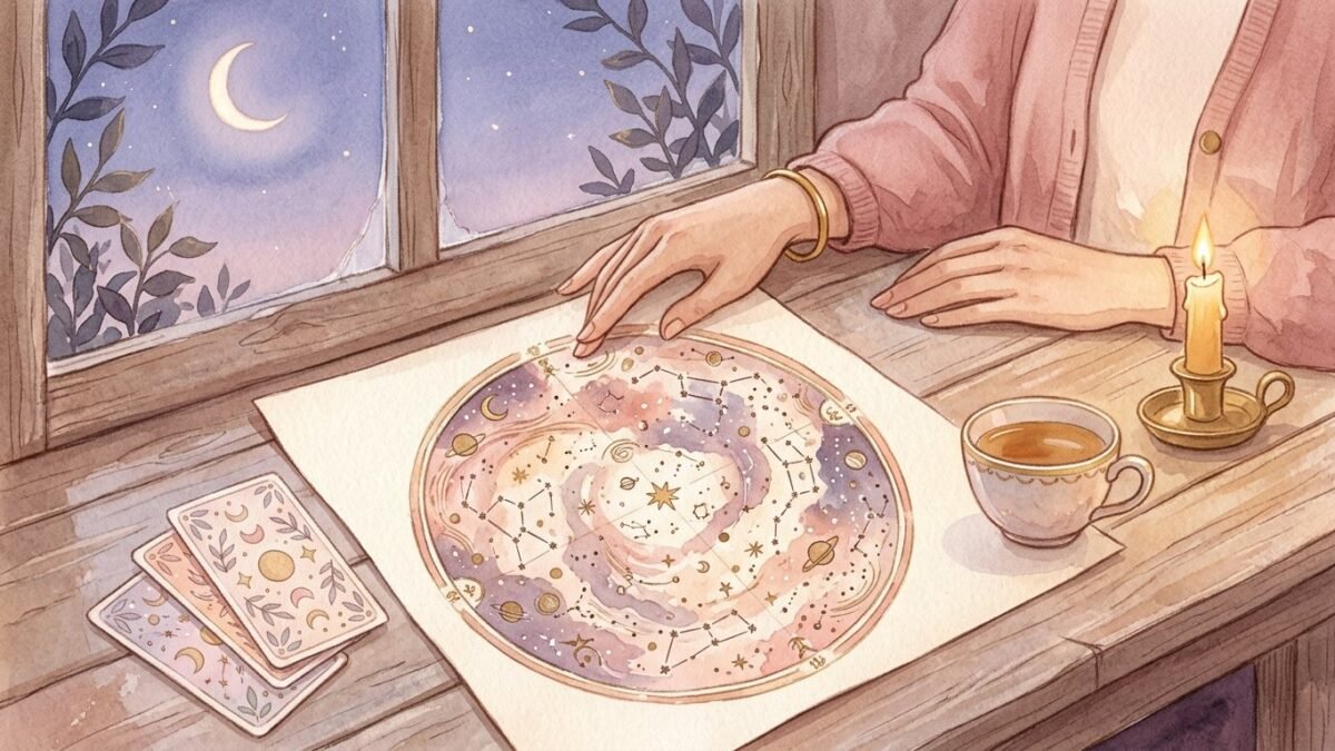 Hands resting on a painted circular star map by candlelight, with three face-down tarot cards, a cup of tea and a crescent moon in the window, soft watercolour illustration