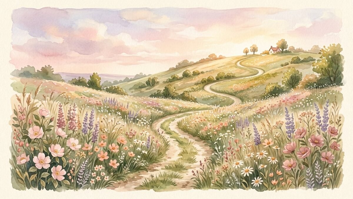 A winding path through a flower meadow leading up to a sunny hill, soft watercolour illustration