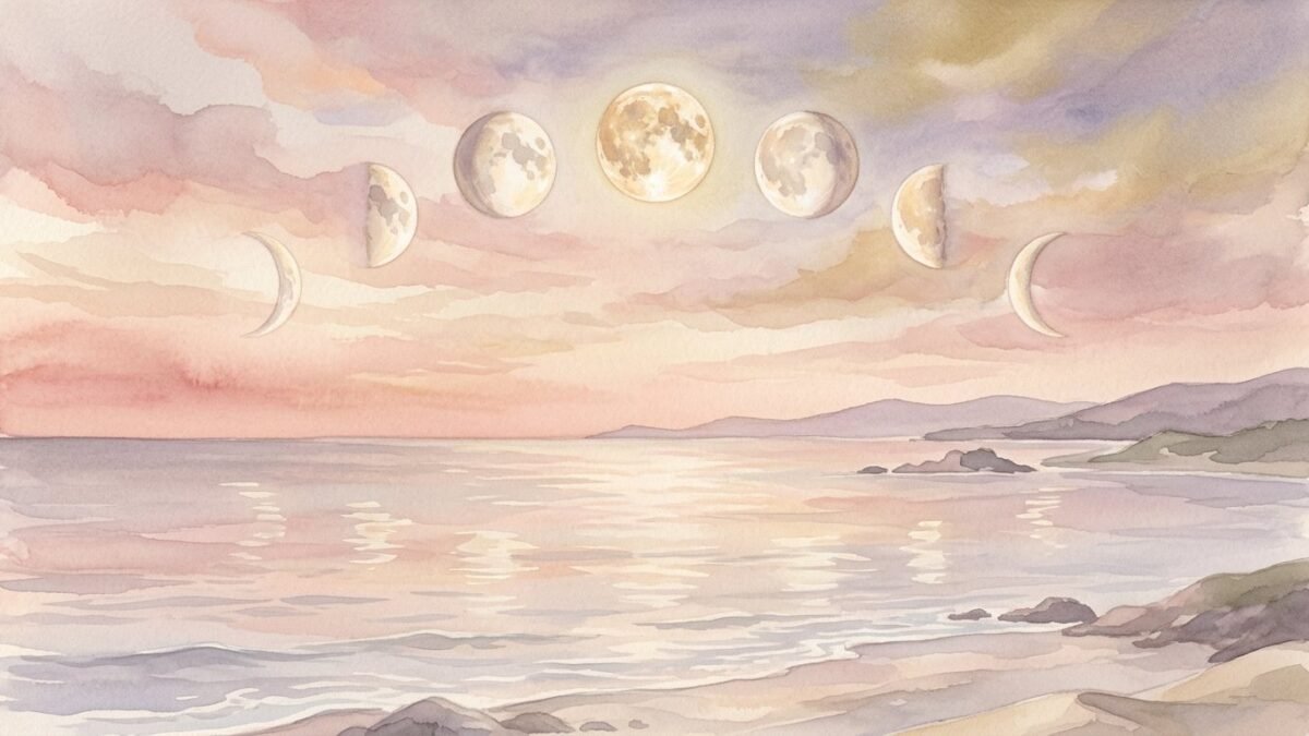 The phases of the moon in a gentle arc over a calm sea at twilight, soft watercolour illustration