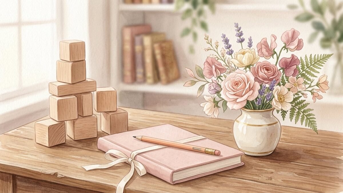 Plain wooden toy blocks stacked beside a notebook, a pencil and a small vase of flowers on a desk, soft watercolour illustration