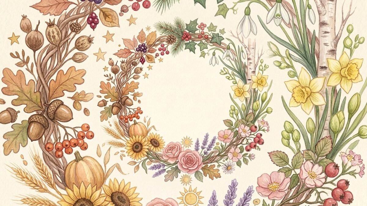 A wheel of the year made of seasonal leaves and flowers on a table, soft watercolour illustration