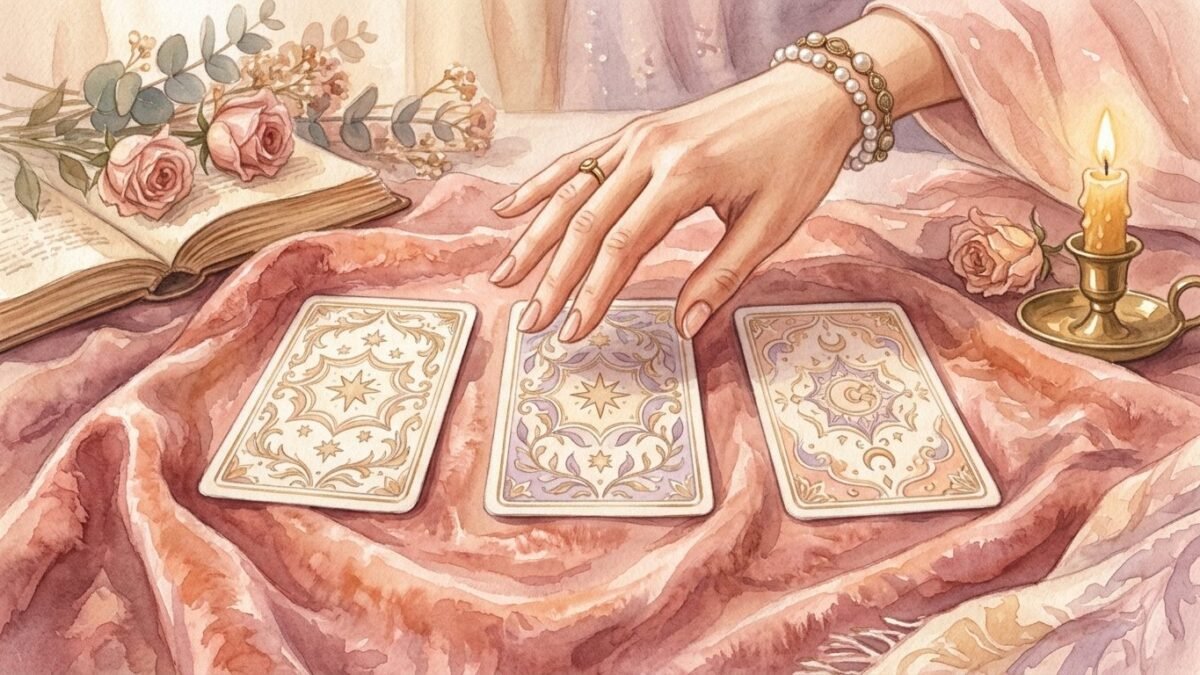 Three face down tarot cards waiting on a velvet cloth with a hand hovering above them, soft watercolour illustration