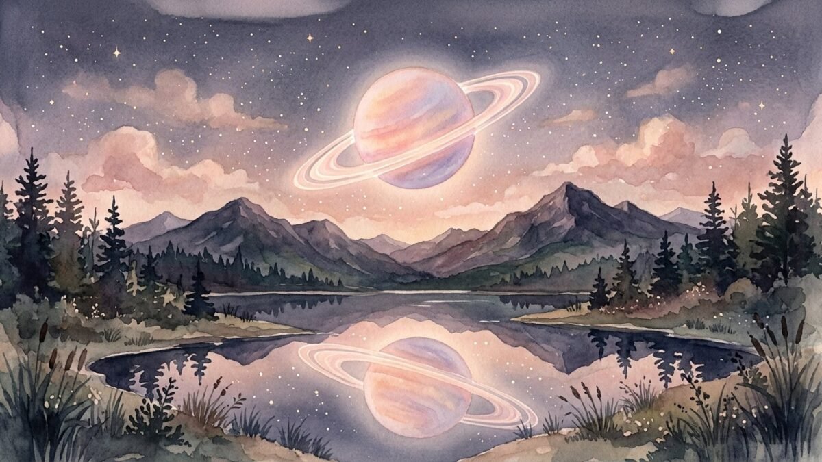 A ringed planet glowing softly above a quiet mountain lake at night, soft watercolour illustration