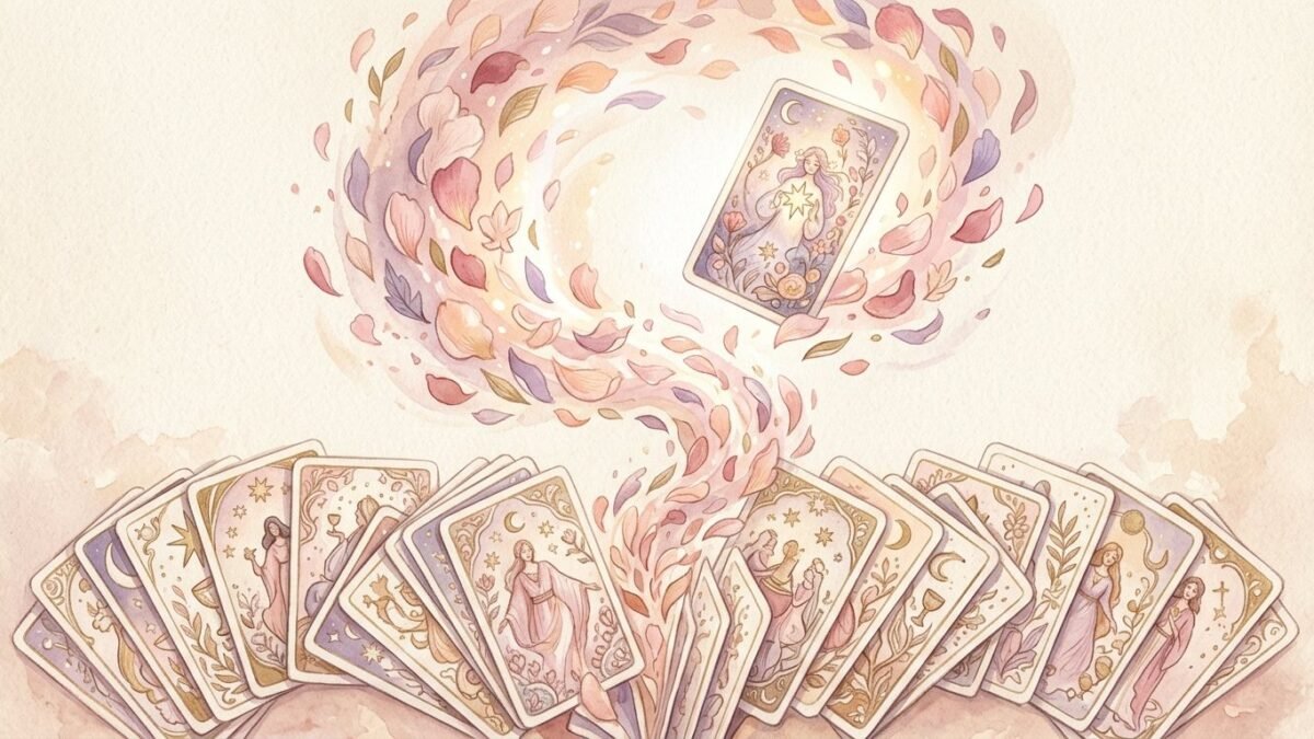A tarot deck fanned out with one card flying up in a swirl of petals, soft watercolour illustration