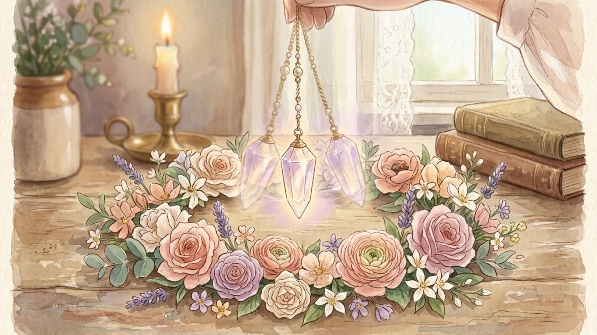 A glowing pendulum swinging above a small circle of flowers on a table, soft watercolour illustration