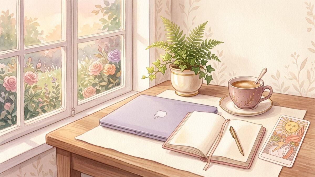 A tidy desk by a window with a closed laptop, a notebook, a coffee cup, a green plant and a single tarot card, morning light, soft watercolour illustration