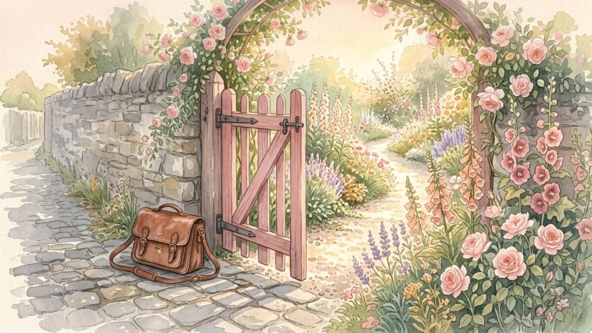 A garden gate opening from a grey cobbled lane onto a sunny flowering path, a leather satchel resting by the gate, soft watercolour illustration