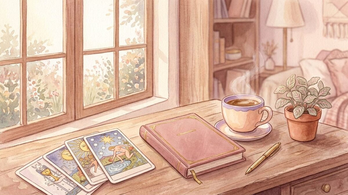 Tarot cards beside a notebook, coffee and a small plant on an office desk by a window, soft watercolour illustration