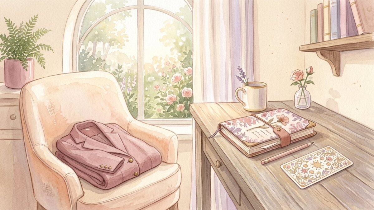 A neatly folded blazer on a chair, a notebook and a single tarot card on a desk, morning light, soft watercolour illustration