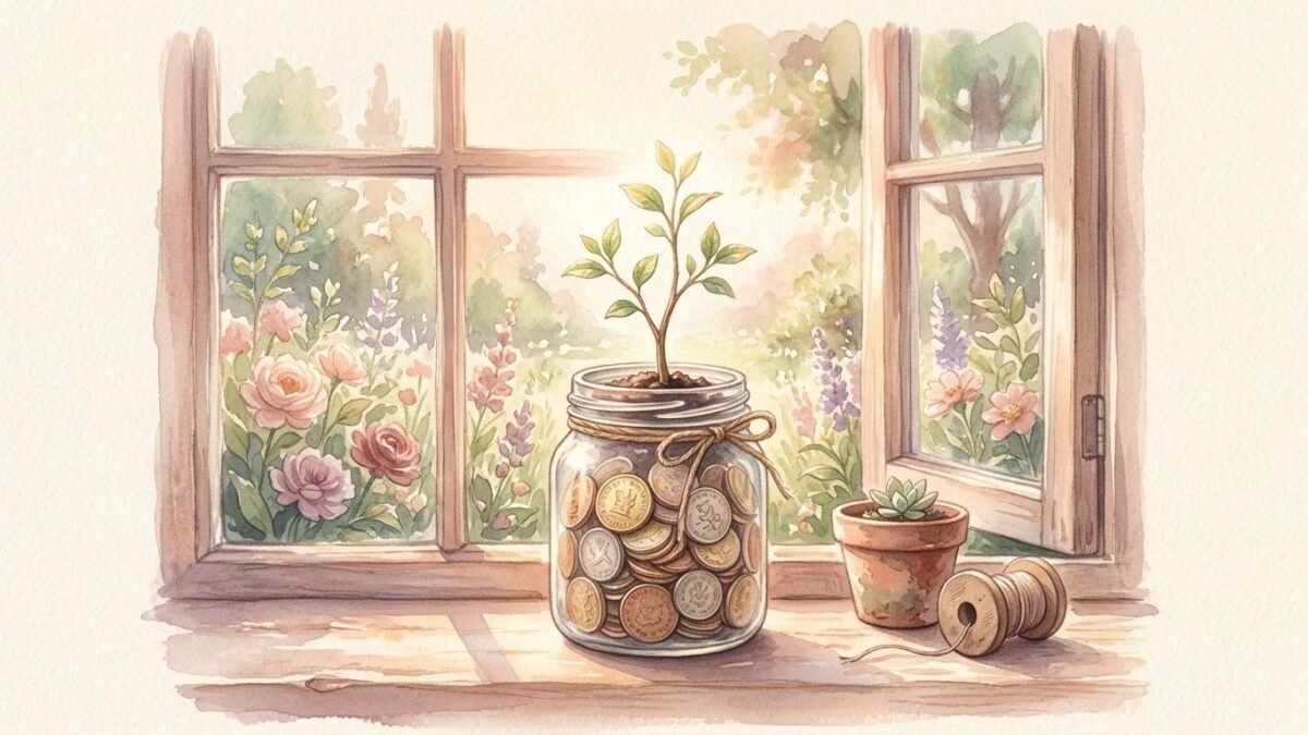 A small jar of coins with a sprouting plant growing from it on a sunny windowsill, soft watercolour illustration