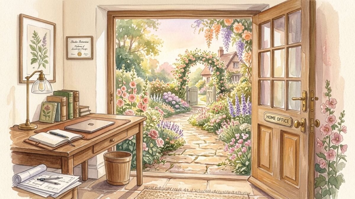 An open office door leading out to a sunny garden path, soft watercolour illustration