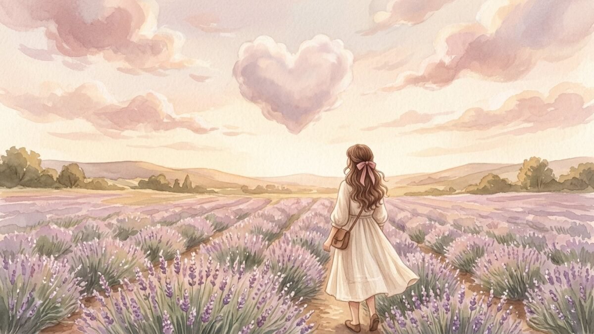 A soft heart shaped cloud drifting over a lavender field, a young woman seen from behind looking up, soft watercolour illustration