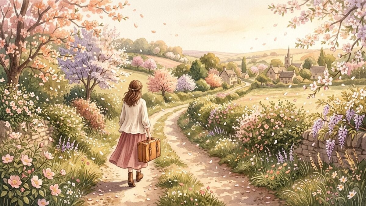 A woman seen from behind walking along a sunny country lane with a small suitcase, blossoms falling, soft watercolour illustration