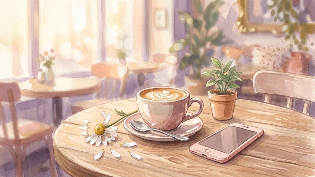 A daisy with a few petals plucked lying beside a cup of coffee and a phone on a cafe table, playful morning light, soft watercolour illustration