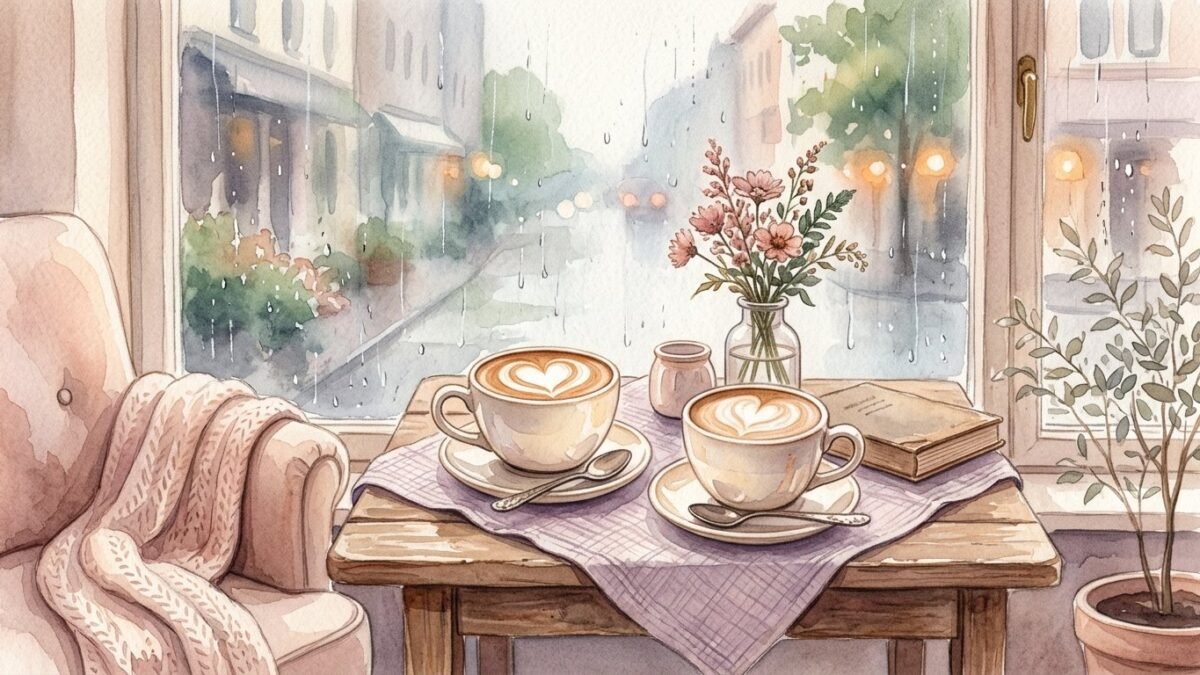 Two coffee cups with heart shaped latte art on a small table by a rainy window, soft watercolour illustration
