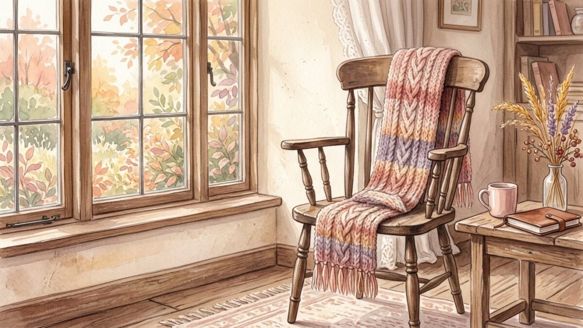 A man's knitted scarf left on the back of a wooden chair beside a window, autumn light, soft watercolour illustration