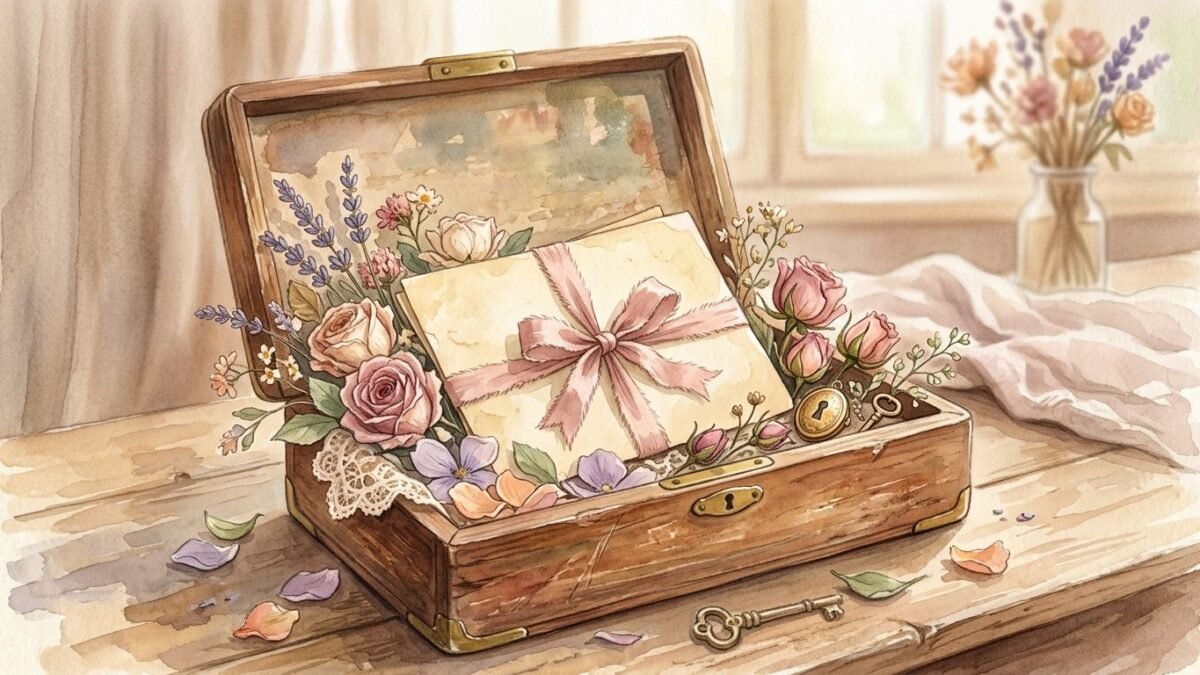 An old love letter tied with a faded ribbon resting in a wooden keepsake box with dried roses, soft watercolour illustration