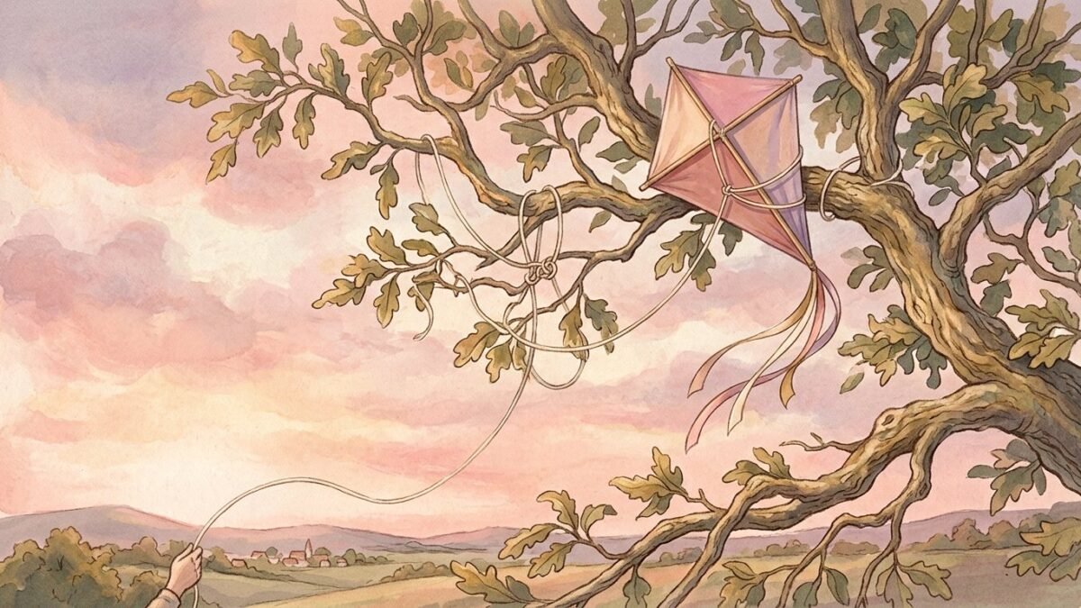 A pastel kite on a long string tangled in a tree branch against a pink evening sky, soft watercolour illustration
