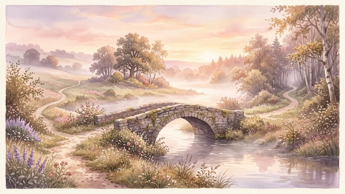 A small stone bridge over a misty river at dawn, two paths parting on the far bank, soft watercolour illustration