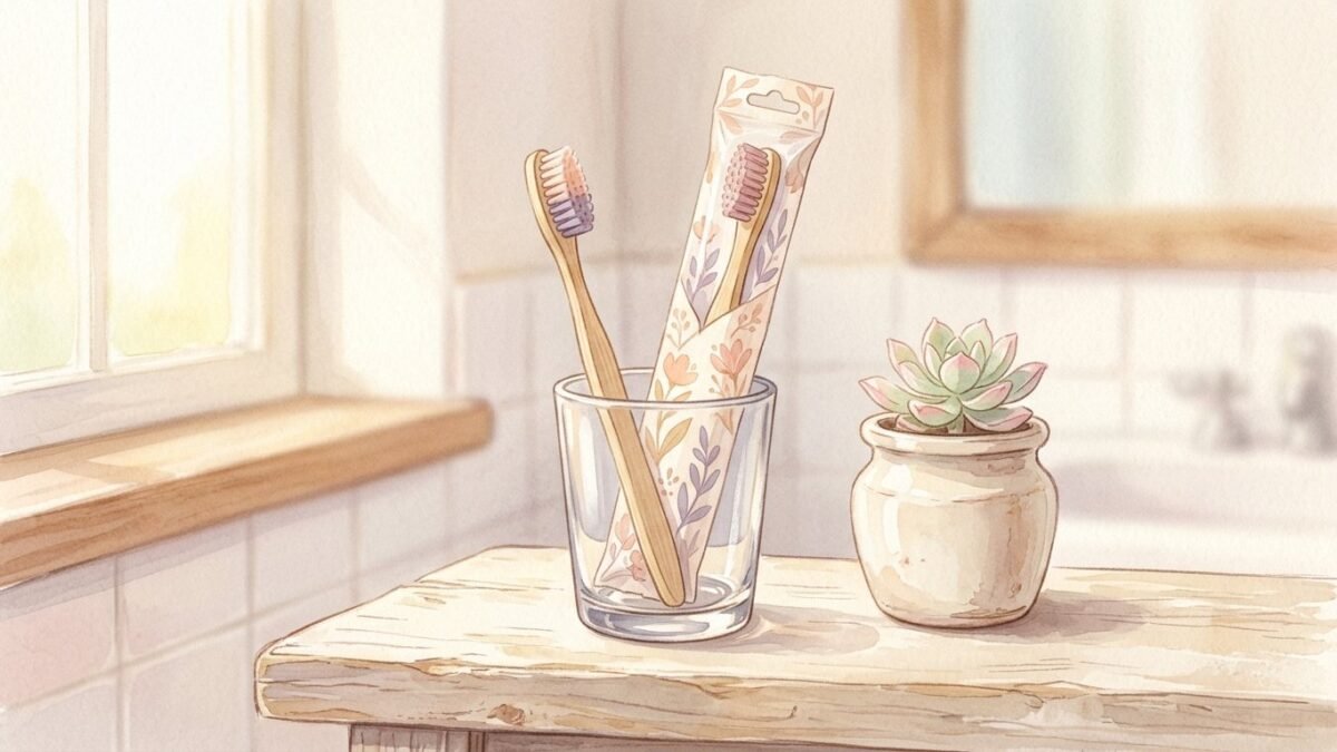 Two toothbrushes in a glass on a sunny bathroom shelf, one still in its packaging, a small plant beside, soft watercolour illustration