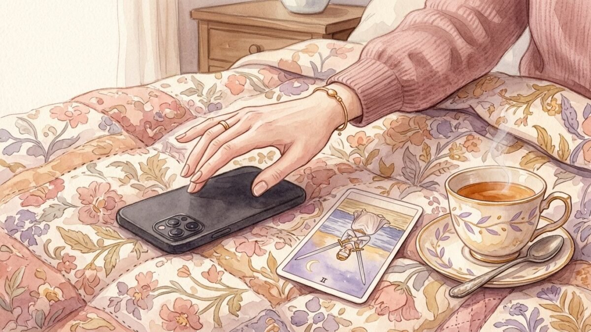 A hand hovering above a phone lying face down on a quilt beside a cup of tea and a single tarot card, soft watercolour illustration