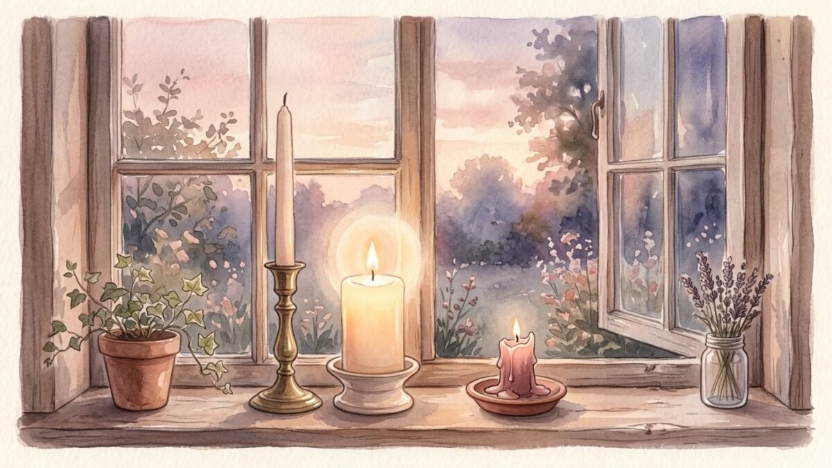 Three candles of different heights on a windowsill at dusk, one tall, one bright, one burnt low, soft watercolour illustration
