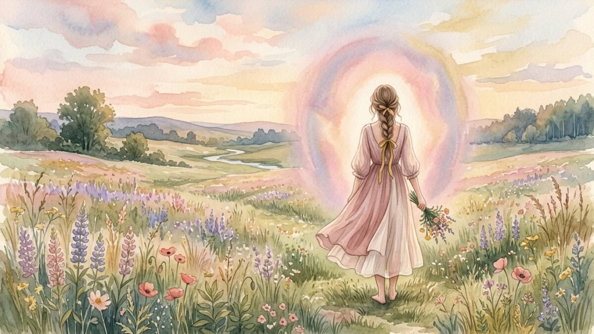 A woman seen from behind standing in a meadow with a soft halo of pastel colours glowing around her, soft watercolour illustration