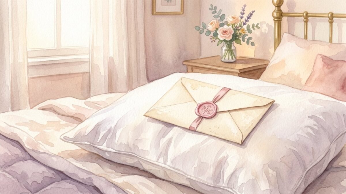 An envelope sealed with a pink wax seal resting on a white pillow in morning light, soft watercolour illustration