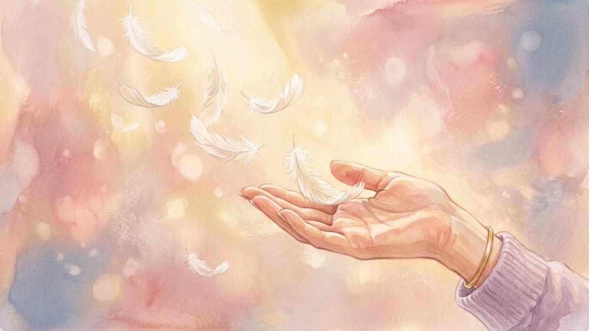 Soft white feathers drifting down onto an open palm in golden light, soft watercolour illustration