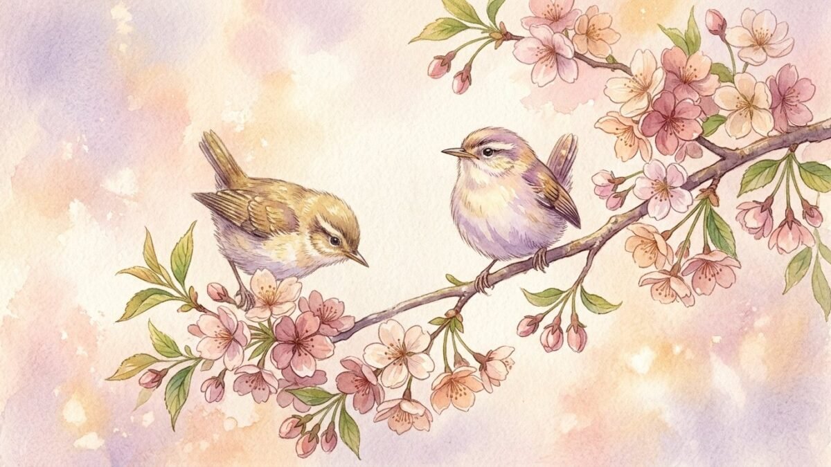 Two birds on a blossom branch, one leaning close and one sitting slightly apart, soft spring light, soft watercolour illustration