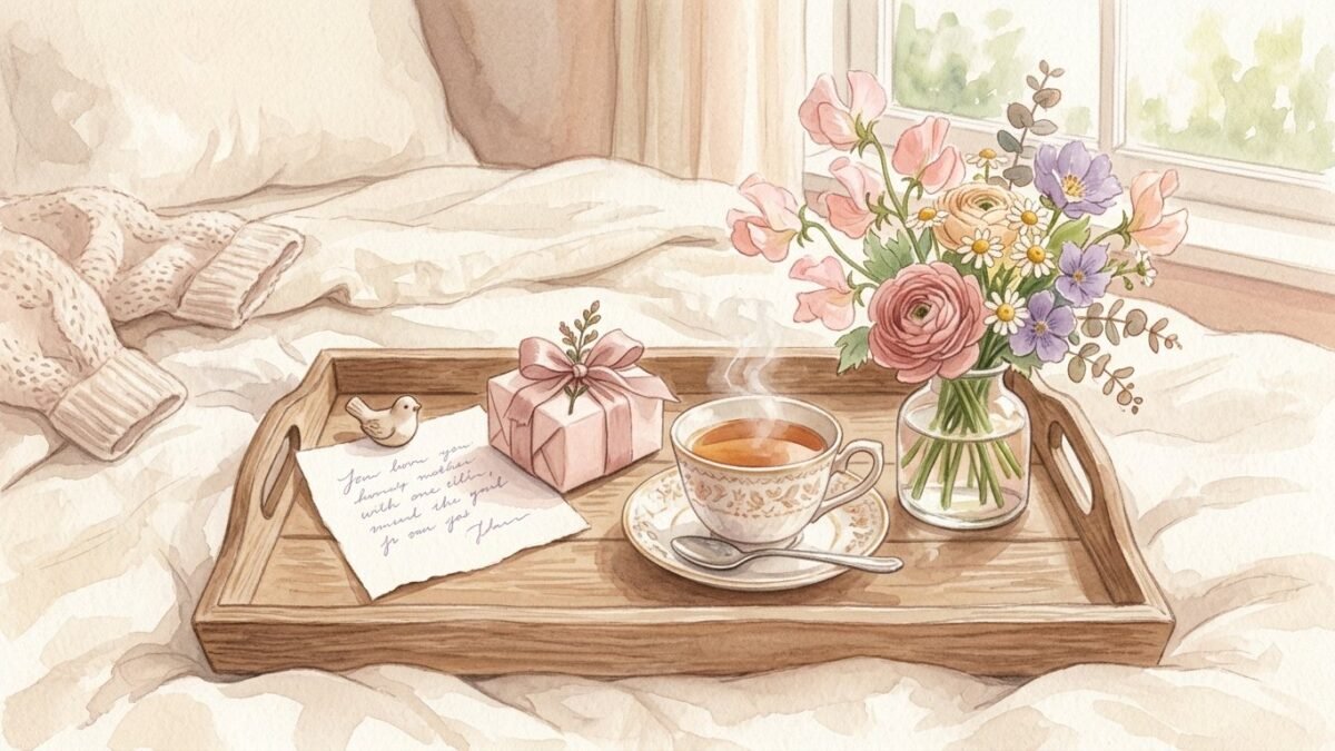A handwritten note, a small wrapped gift and a steaming cup of tea on a tray beside fresh flowers, soft watercolour illustration