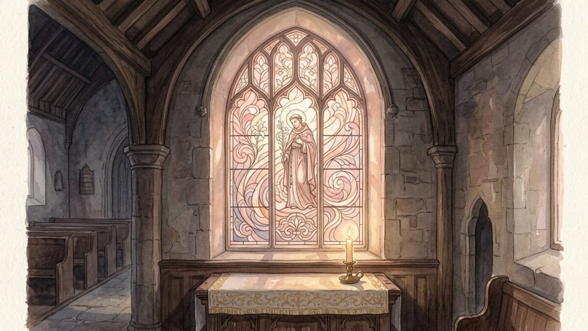 A tall arched stained glass window glowing with soft pastel light in a quiet chapel, a single candle below, soft watercolour illustration