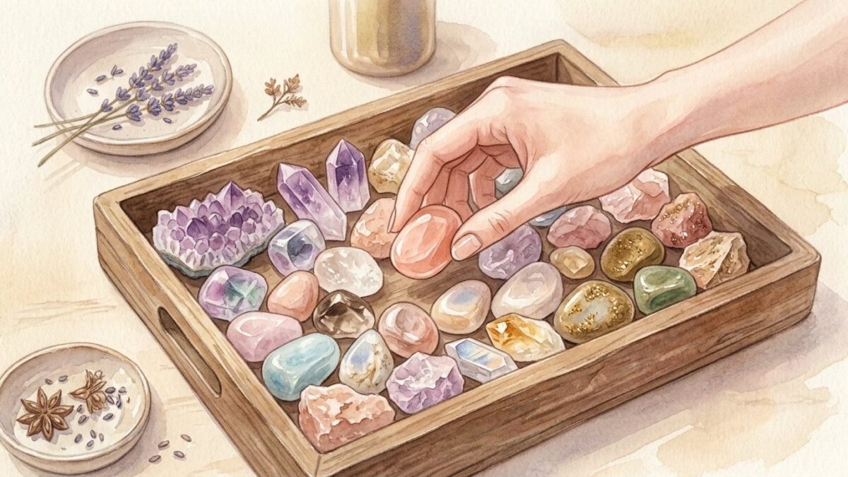 A hand choosing one crystal from a wooden tray of assorted crystals and tumbled stones, soft watercolour illustration