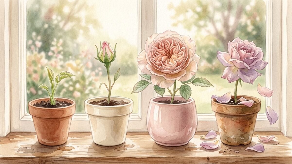 Four flowers in a row, a bud, a full bloom, a flower losing petals and a new green shoot in small pots on a windowsill, soft watercolour illustration