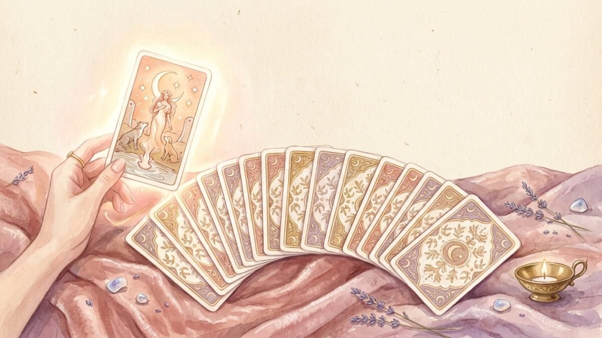 A fan of face down tarot cards on a velvet cloth with one card lifted and glowing softly, soft watercolour illustration