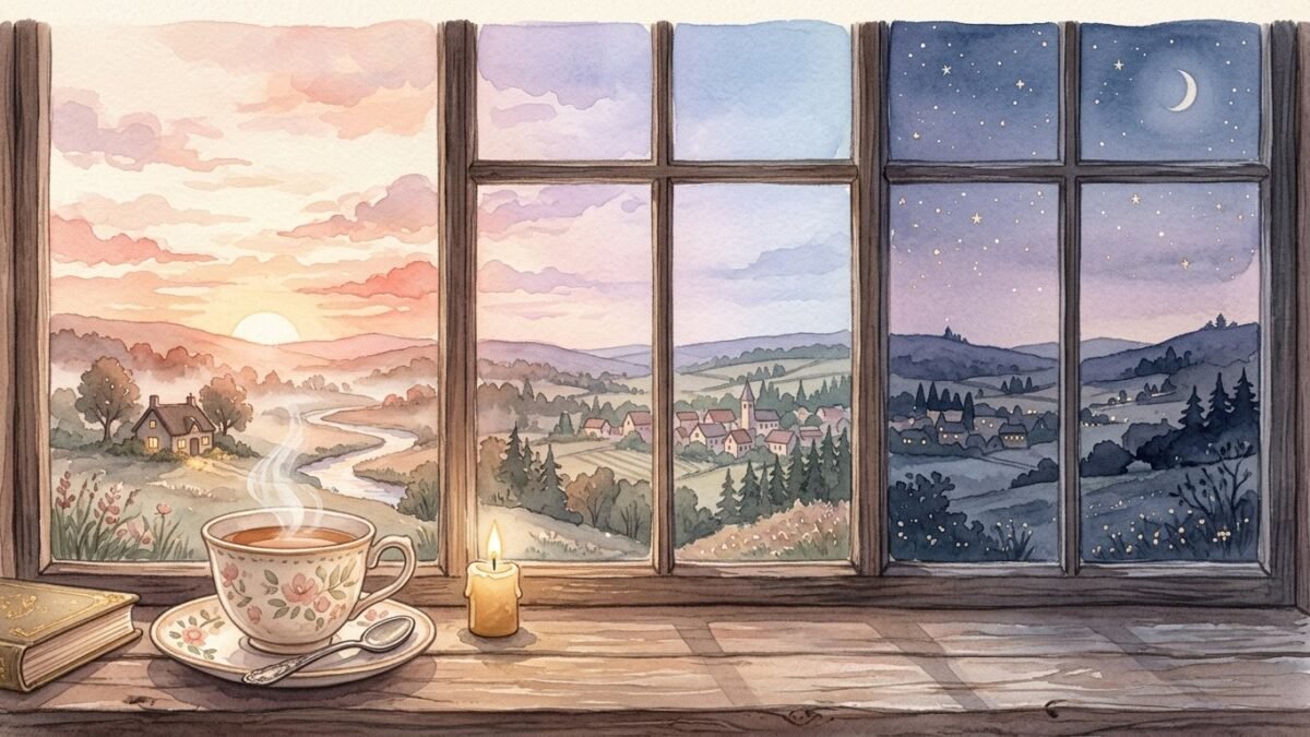 A wide window whose sky fades from sunrise on the left to starry night on the right, a cup of tea on the sill, soft watercolour illustration