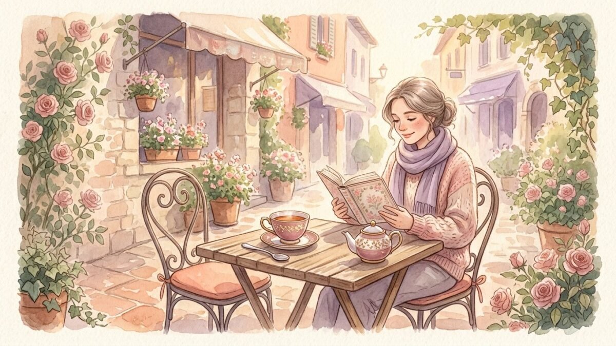 A single chair at a sunny cafe table with an open book and a cup of tea, peaceful and content, soft watercolour illustration