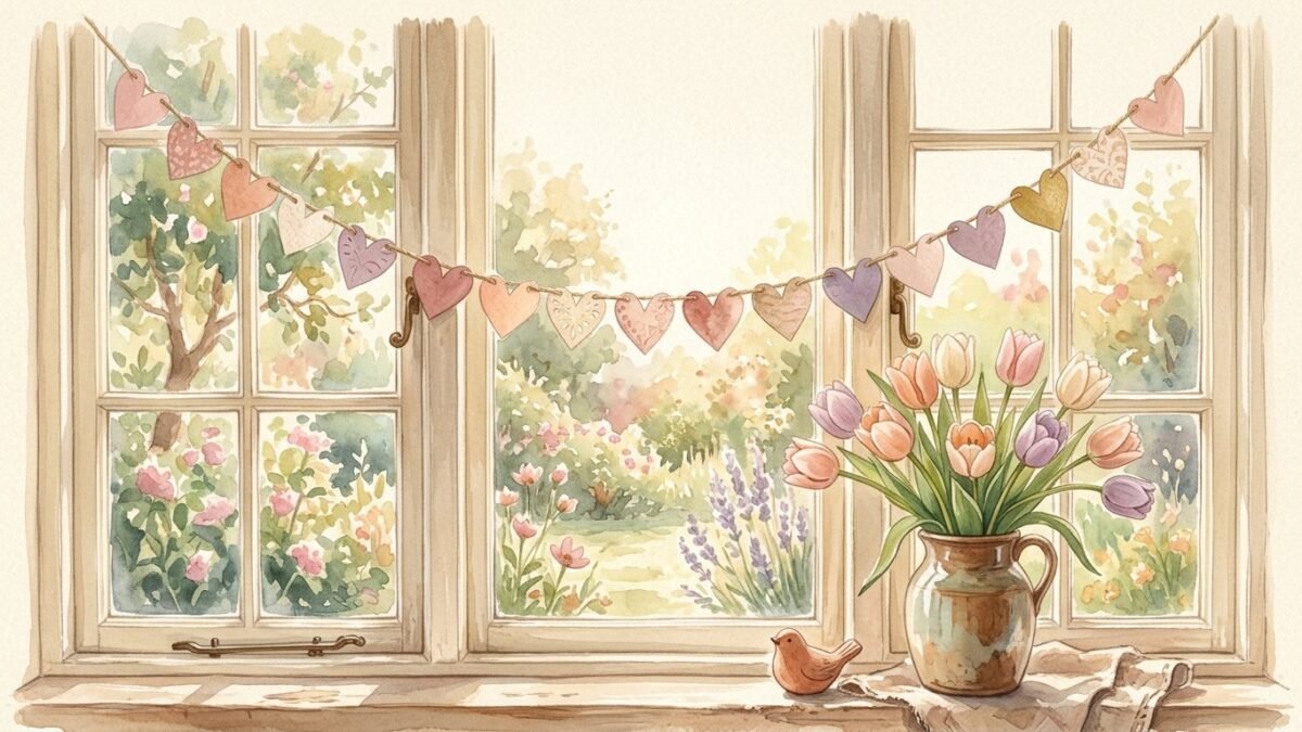 A garland of small paper hearts hanging across a sunny window with a vase of tulips below, soft watercolour illustration