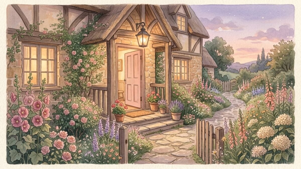 An open cottage front door at dusk with a porch lantern glowing and a garden path leading to it, soft watercolour illustration